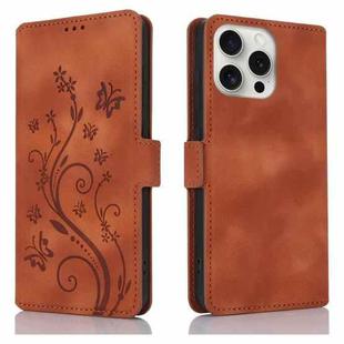 For iPhone 15 Pro Max Dreamy Butterfly Love Flower Embossed Leather Phone Case(Brown)