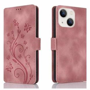 For iPhone 15 Dreamy Butterfly Love Flower Embossed Leather Phone Case(Rose Gold)