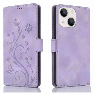 For iPhone 15 Dreamy Butterfly Love Flower Embossed Leather Phone Case(Purple)