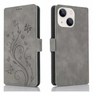 For iPhone 15 Dreamy Butterfly Love Flower Embossed Leather Phone Case(Grey)