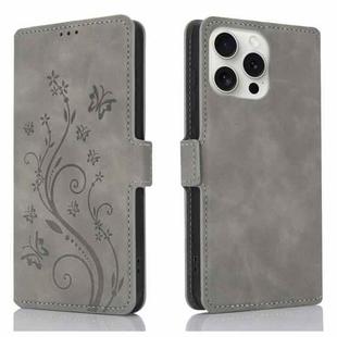 For iPhone 14 Pro Max Dreamy Butterfly Love Flower Embossed Leather Phone Case(Grey)