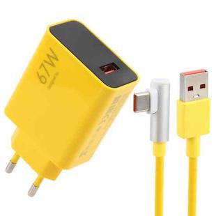 67W USB Fast Charger with 1m USB to Elbow Type-C Cable, Plug Type:EU Plug(Yellow)