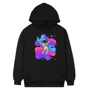 Astronaut Printed Fleece Hooded Sweatshirt Print On Your Demand, Size:L(Black)
