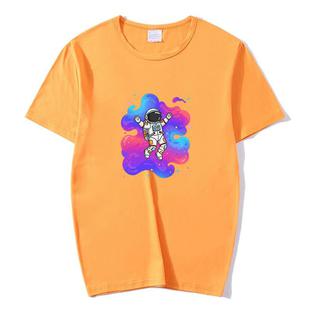 Astronaut Printed Round Neck Modal Short Sleeve T-shirt Print On Your Demand, Size:XL(Yellow)
