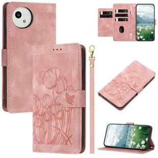 For Sharp Aquos wish5 Tulips Embossed Leather Phone Case with Lanyard(Pink)