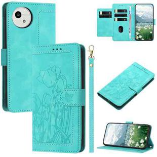 For Sharp Aquos wish5 Tulips Embossed Leather Phone Case with Lanyard(Green)