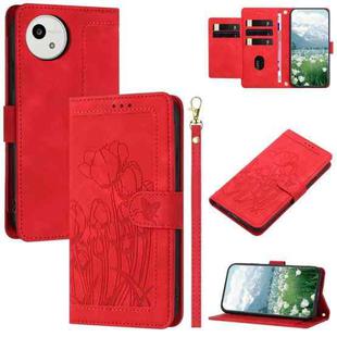 For Sharp Aquos wish5 Tulips Embossed Leather Phone Case with Lanyard(Red)