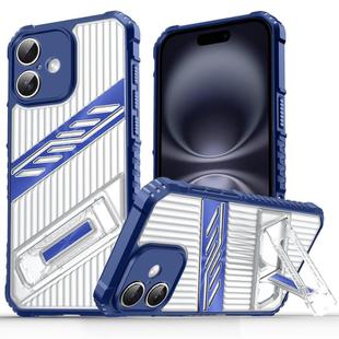 For iPhone 16 Plus Plating Holder PC Hybrid TPU Phone Case(Navy Blue)