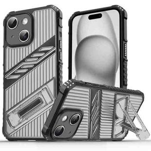 For iPhone 15 Plus Plating Holder PC Hybrid TPU Phone Case(Gray Black)
