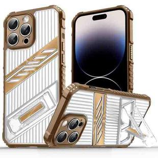 For iPhone 14 Pro Max Plating Holder PC Hybrid TPU Phone Case(Desert Gold)