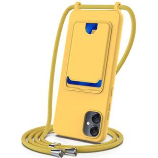 For Samsung Galaxy M05 / F05 Integrated Card Bag Solid Color Liquid Silicone Phone Case with Lanyard(Yellow)