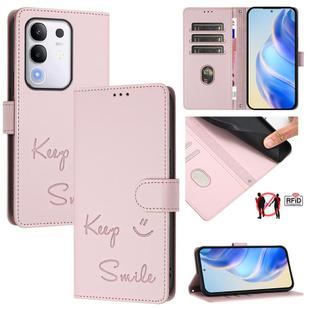 For vivo Y29 4G Global Smile Embossing RFID Leather Phone Case(Pink)