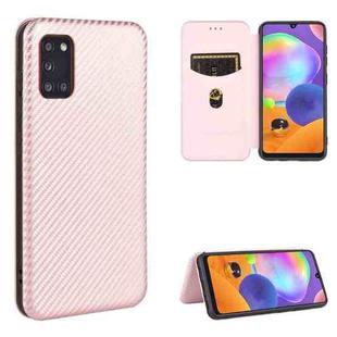 For Samsung Galaxy A31 Carbon Fiber Texture Horizontal Flip TPU + PC + PU Leather Case with Rope & Card Slot(Pink)