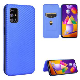 For Samsung Galaxy M31s Carbon Fiber Texture Horizontal Flip TPU + PC + PU Leather Case with Rope & Card Slot(Blue)