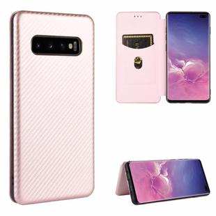 For Samsung Galaxy S10 Plus Carbon Fiber Texture Horizontal Flip TPU + PC + PU Leather Case with Rope & Card Slot(Pink)