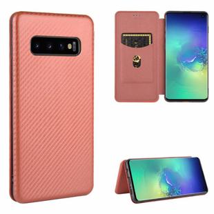 For Samsung Galaxy S10 Carbon Fiber Texture Horizontal Flip TPU + PC + PU Leather Case with Rope & Card Slot(Brown)