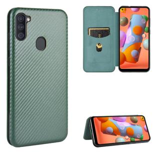 For Samsung Galaxy A11(EU Version) Carbon Fiber Texture Horizontal Flip TPU + PC + PU Leather Case with Rope & Card Slot(Green)