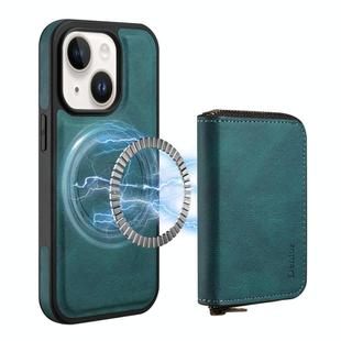 For iPhone 15 Plus/  14 Plus Denior D26 Skin Feel MagSafe Zipper Bag Leather Phone Case(Blue)