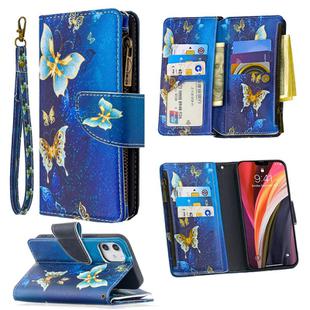 For iPhone 12 mini Colored Drawing Pattern Zipper Horizontal Flip Leather Case with Holder & Card Slots & Wallet(Gold Butterfly)