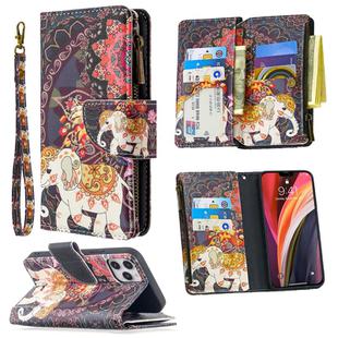 For iPhone 12 / 12 Pro Colored Drawing Pattern Zipper Horizontal Flip Leather Case with Holder & Card Slots & Wallet(Flower Elephants)