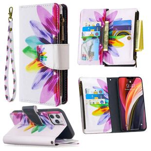 For iPhone 12 / 12 Pro Colored Drawing Pattern Zipper Horizontal Flip Leather Case with Holder & Card Slots & Wallet(Sun Flower)