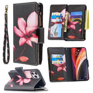 For iPhone 12 / 12 Pro Colored Drawing Pattern Zipper Horizontal Flip Leather Case with Holder & Card Slots & Wallet(Lotus)