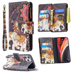 For iPhone 12 Pro Max Colored Drawing Pattern Zipper Horizontal Flip Leather Case with Holder & Card Slots & Wallet(Flower Elephants)