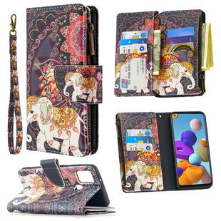 For Samsung Galaxy A21s Colored Drawing Pattern Zipper Horizontal Flip Leather Case with Holder & Card Slots & Wallet(Flower Elephants)