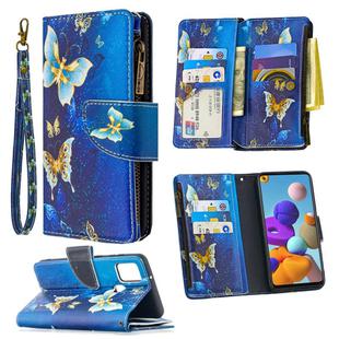 For Samsung Galaxy A21s Colored Drawing Pattern Zipper Horizontal Flip Leather Case with Holder & Card Slots & Wallet(Gold Butterfly)