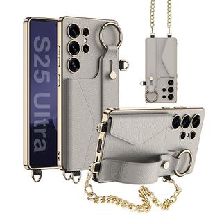 For Samsung Galaxy S25 Ultra 5G GKK Plating Leather Card Holder Full Coverage Phone Case With Bracelet(Titanium Gray)