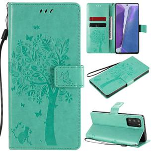 For Samsung Galaxy Note20 Tree & Cat Pattern Pressed Printing Horizontal Flip PU Leather Case with Holder & Card Slots & Wallet & Lanyard(Green)