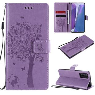 For Samsung Galaxy Note20 Tree & Cat Pattern Pressed Printing Horizontal Flip PU Leather Case with Holder & Card Slots & Wallet & Lanyard(Light Purple)