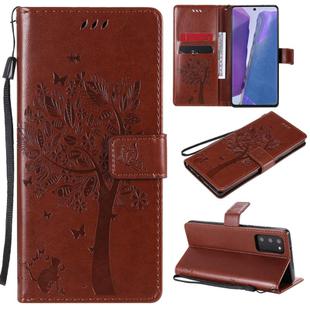 For Samsung Galaxy Note20 Tree & Cat Pattern Pressed Printing Horizontal Flip PU Leather Case with Holder & Card Slots & Wallet & Lanyard(Coffee)