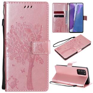 For Samsung Galaxy Note20 Tree & Cat Pattern Pressed Printing Horizontal Flip PU Leather Case with Holder & Card Slots & Wallet & Lanyard(Rose Gold)