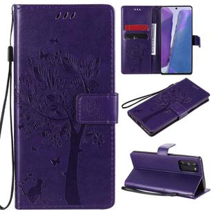 For Samsung Galaxy Note20 Tree & Cat Pattern Pressed Printing Horizontal Flip PU Leather Case with Holder & Card Slots & Wallet & Lanyard(Purple)