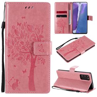 For Samsung Galaxy Note20 Tree & Cat Pattern Pressed Printing Horizontal Flip PU Leather Case with Holder & Card Slots & Wallet & Lanyard(Pink)