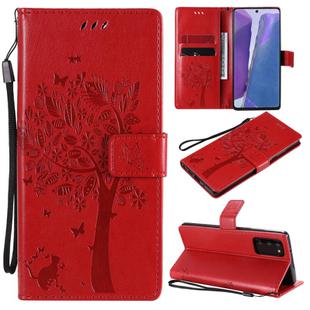 For Samsung Galaxy Note20 Tree & Cat Pattern Pressed Printing Horizontal Flip PU Leather Case with Holder & Card Slots & Wallet & Lanyard(Red)