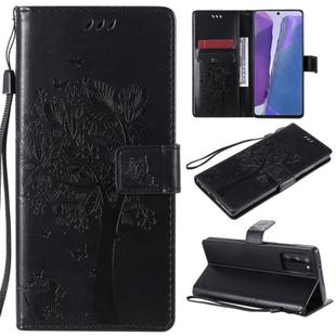 For Samsung Galaxy Note20 Tree & Cat Pattern Pressed Printing Horizontal Flip PU Leather Case with Holder & Card Slots & Wallet & Lanyard(Black)