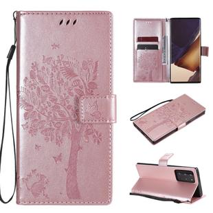 For Samsung Galaxy Note20 Ultra Tree & Cat Pattern Pressed Printing Horizontal Flip PU Leather Case with Holder & Card Slots & Wallet & Lanyard(Rose Gold)
