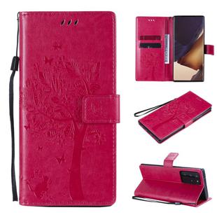 For Samsung Galaxy Note20 Ultra Tree & Cat Pattern Pressed Printing Horizontal Flip PU Leather Case with Holder & Card Slots & Wallet & Lanyard(Rose Red)