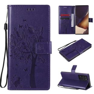 For Samsung Galaxy Note20 Ultra Tree & Cat Pattern Pressed Printing Horizontal Flip PU Leather Case with Holder & Card Slots & Wallet & Lanyard(Purple)
