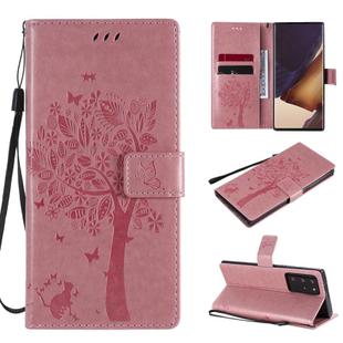 For Samsung Galaxy Note20 Ultra Tree & Cat Pattern Pressed Printing Horizontal Flip PU Leather Case with Holder & Card Slots & Wallet & Lanyard(Pink)