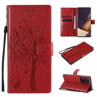 For Samsung Galaxy Note20 Ultra Tree & Cat Pattern Pressed Printing Horizontal Flip PU Leather Case with Holder & Card Slots & Wallet & Lanyard(Red)