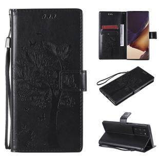 For Samsung Galaxy Note20 Ultra Tree & Cat Pattern Pressed Printing Horizontal Flip PU Leather Case with Holder & Card Slots & Wallet & Lanyard(Black)