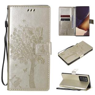 For Samsung Galaxy Note20 Ultra Tree & Cat Pattern Pressed Printing Horizontal Flip PU Leather Case with Holder & Card Slots & Wallet & Lanyard(Gold)
