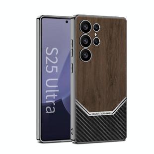 For Samsung Galaxy S25 Ultra 5G GKK Plating Leather Wood Texture Full Coverage Phone Case(Brown)