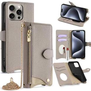 For iPhone 16 Pro Max Crossbody Chain Fishtail Litchi Leather Phone Case(Grey)