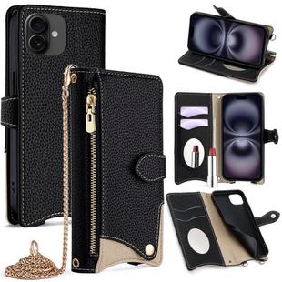 For iPhone 16 Plus Crossbody Chain Fishtail Litchi Leather Phone Case(Black)