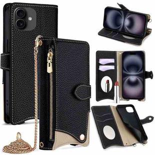 For iPhone 16 Crossbody Chain Fishtail Litchi Leather Phone Case(Black)