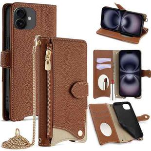 For iPhone 16 Crossbody Chain Fishtail Litchi Leather Phone Case(Brown)